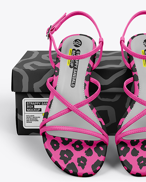 Pair of Strappy Sandals With Shoe Box Mockup