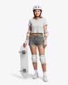 Young Woman in Protective Gear with Skateboard Mockup