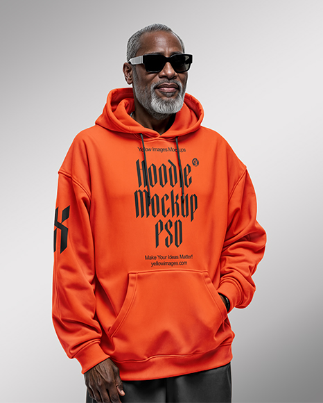 Elderly Black Man Wearing Hoodie and Sunglasses Mockup