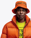 Black Man Wearing Puffer Jacket and Bucket Hat Mockup