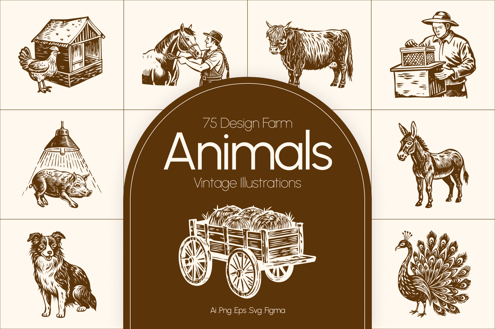 Vintage Farm Animals Illustration Set