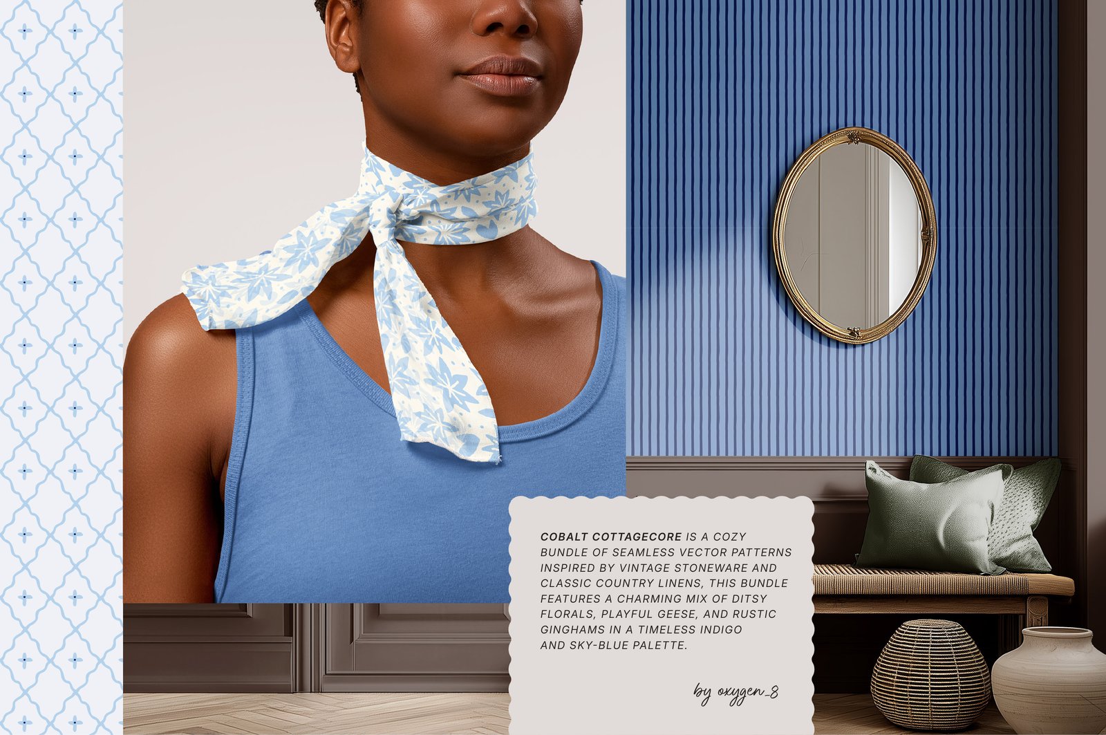 Cobalt Cottagecore. Seamless Patterns