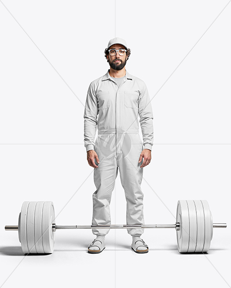Powerlifter Wearing Janitor Uniform and Cap with Barbell Mockup