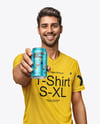 Man Wearing a T-shirt Holding 12oz Drink Can Mockup