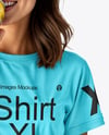 Woman Wearing a T-shirt Holding Drink Can Mockup