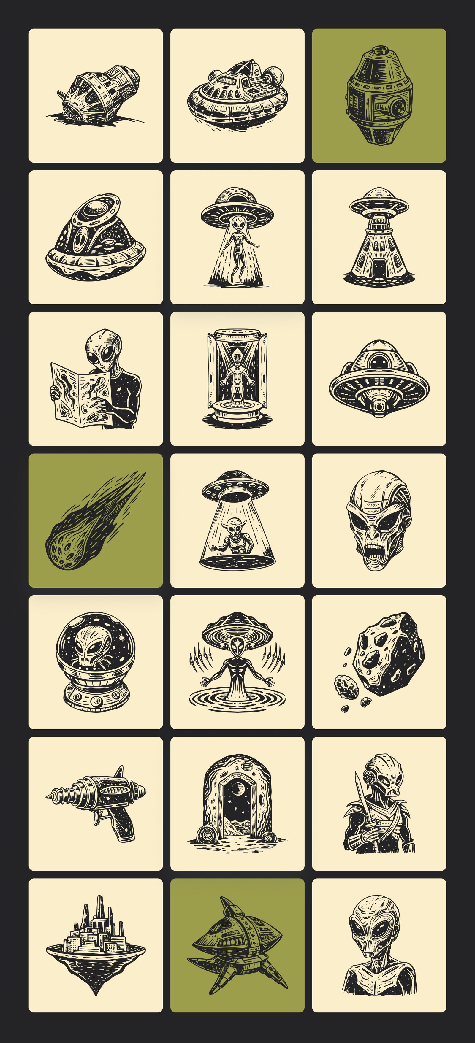 Vintage Alien Illustration Set