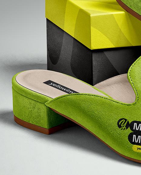 Pair of Suede Mules with Shoe Box Mockup