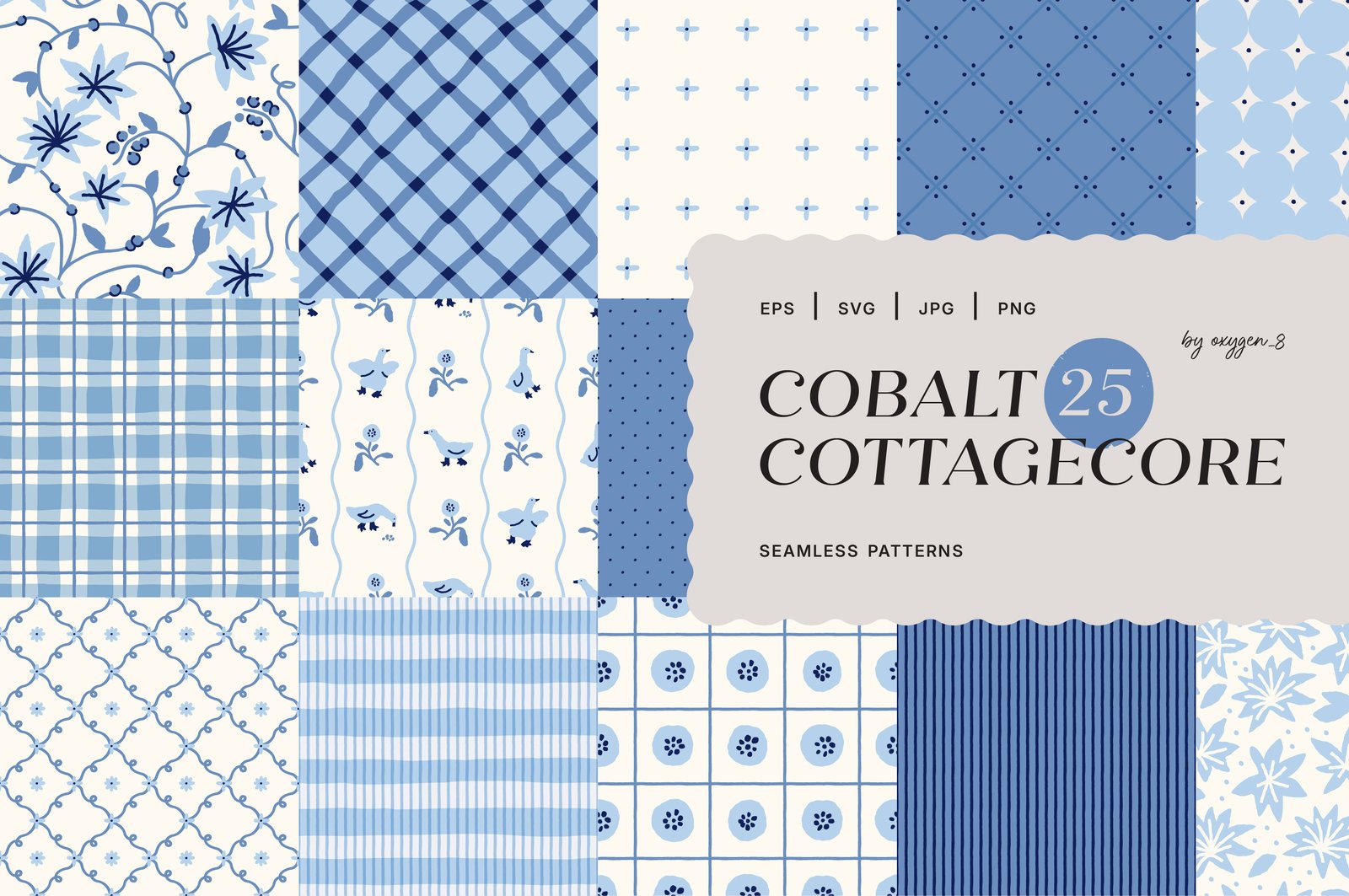 Cobalt Cottagecore. Seamless Patterns