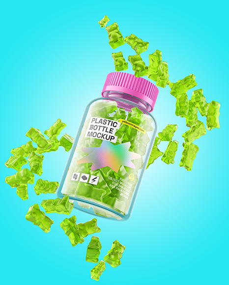 Plastic Bottle with Flying Gummies Mockup