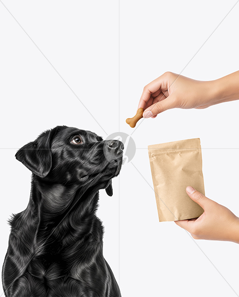 Dog and Hand Holding Stand-Up Pouch Mockup