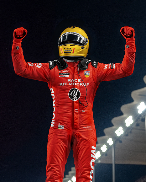 Man Wearing Racing Kit Stands on Racing Car Mockup