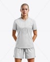 Woman Wearing Soccer V-Neck Jersey and Shorts Mockup