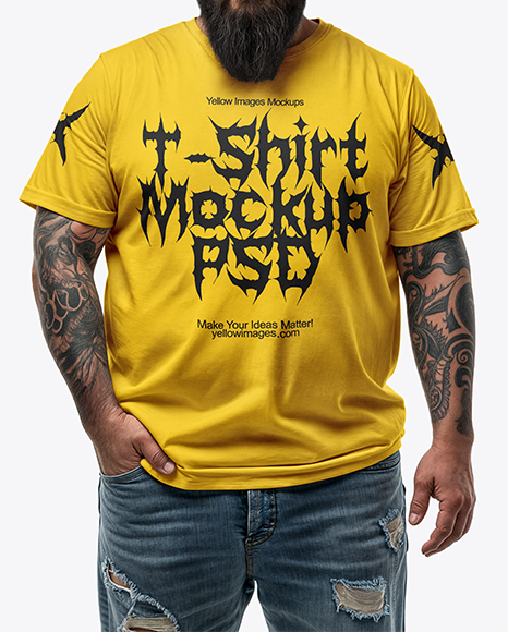 Fat Bearded Man Wearing T-shirt and Ripped Jeans Mockup