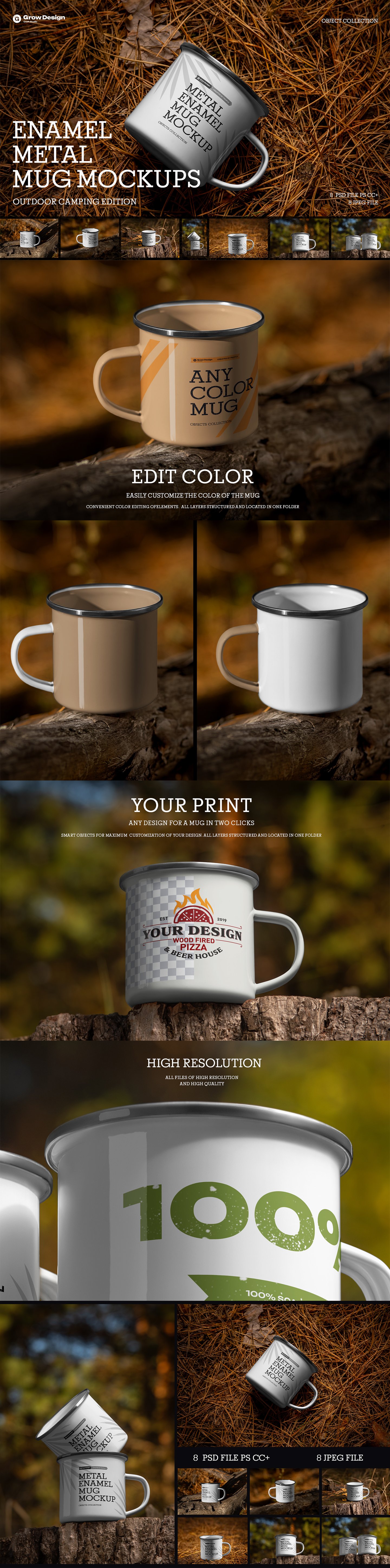 8 Enamel Metal Mug Mockups – Outdoor Camping Edition, 5K High-Res PSD