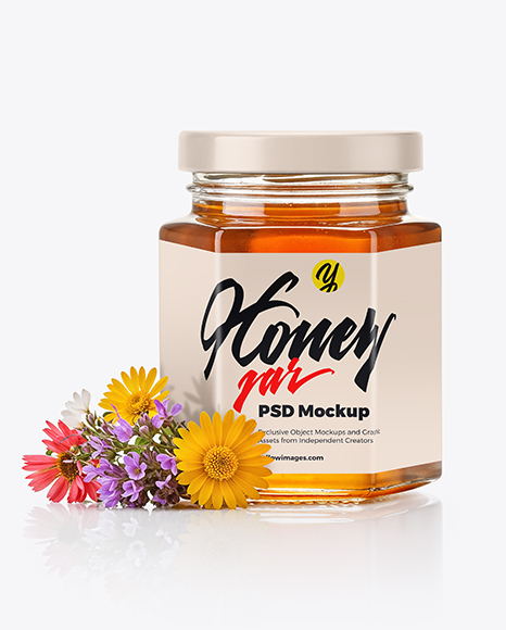 Hexagonal Glass Jar with Wildflower Honey Mockup - Realistic mockups