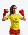 Female UFC Fighter Wearing T-Shirt & Shorts Mockup
