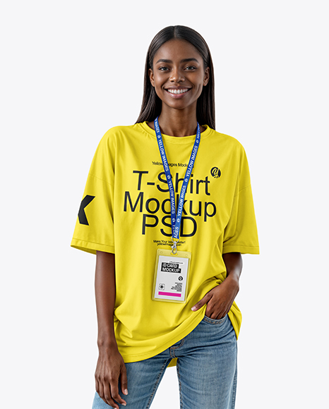 Young Black Woman Wearing T-shirt with Badge Holder Mockup - Jeans mockup