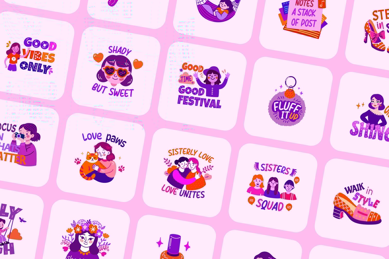 Flat Cute Girly Stickers Set