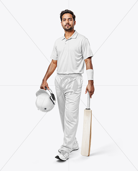 Indian Man Wearing Full Cricket Kit with Bat