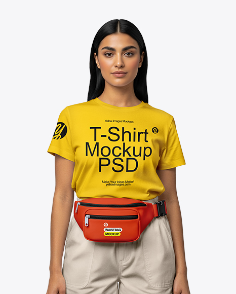 Woman Wearing T-Shirt with Fanny Pack Mockup - Model mockups