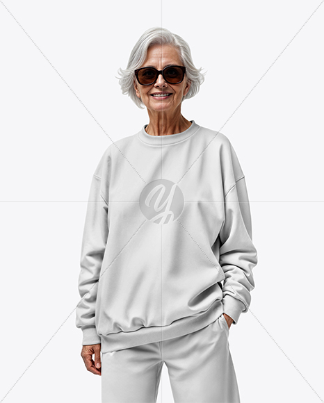 Smiling Elderly Woman Wearing Oversize Sweatshirt & Sweatpants Mockup