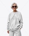 Smiling Elderly Woman Wearing Oversize Sweatshirt & Sweatpants Mockup