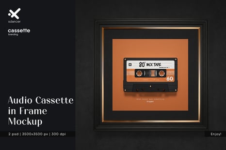 Retro Audio Cassette in a Frame Mockup - Stationery Mockups