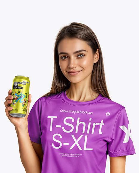 Woman Wearing a T-shirt Holding 16oz Drink Can Mockup - Metal can mockup