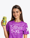 Woman Wearing a T-shirt Holding 16oz Drink Can Mockup