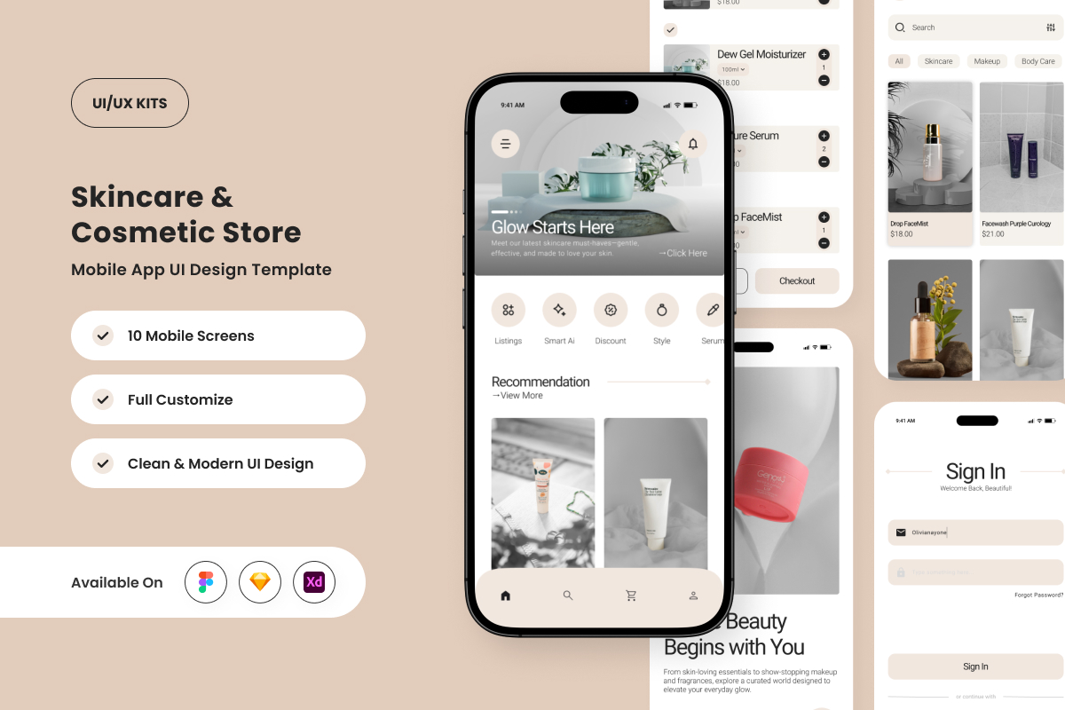 Seriss – Skincare &amp; Beauty App UI Design Template