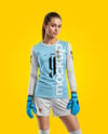 Female Soccer Goalkeeper Wearing Long Sleeve Jersey and Shorts Mockup