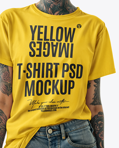 Woman with Tattoo Wearing T-shirt and Ripped Jeans Mockup