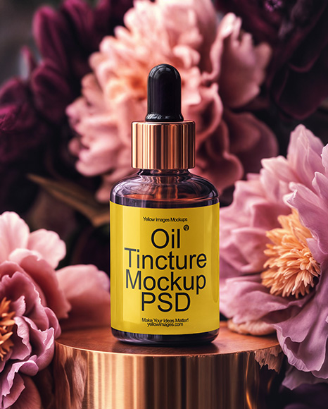 Amber Dropper Bottle with Oil Tincture Surrounded by Flowers Mockup