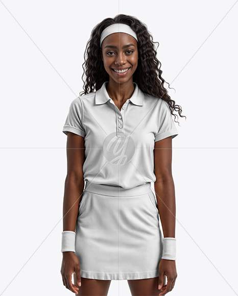 Young Black Woman Wearing Polo Shirt and Tennis Skirt Mockup