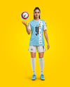Woman Wearing Soccer Jersey and Shorts Mockup