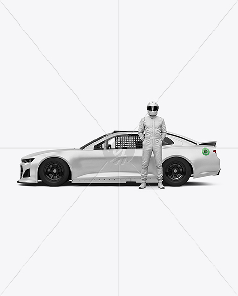 Man Wearing Racing Kit with Nascar Car Mockup