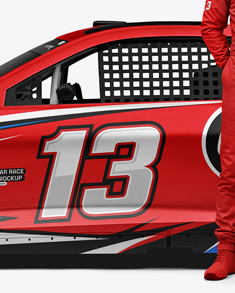 Man Wearing Racing Kit with Nascar Car Mockup