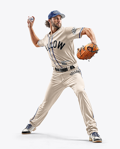 A Man Wearing a Full Pitcher Baseball Kit with Ball Mockup - Mens+Baseball+Jersey+Mockup+HalfsideView+Download+...