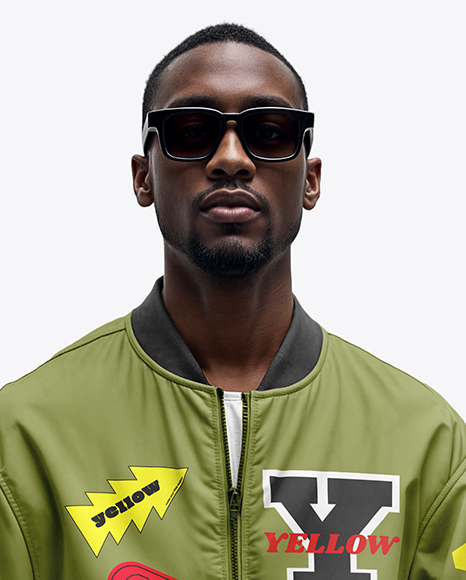 Black Man in Sunglasses Wearing Bomber Jacket and Jeans Mockup