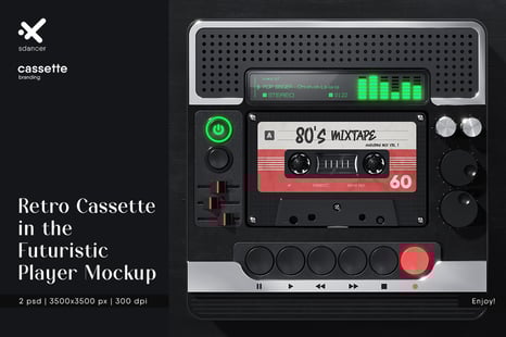 Retro Tape Cassette in the Futuristic Audio Player Mockup - Product Mockups