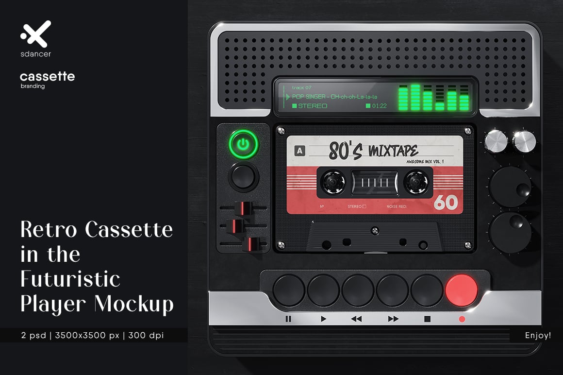 Retro Tape Cassette in the Futuristic Audio Player Mockup