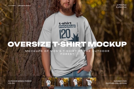 4 Mockups of Men's Oversize T-Shirt at the Outdoor. Forest. vol.04 - Apparel Mockups