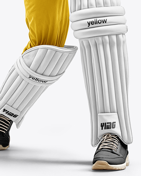 Man Wearing Full Cricket Kit with Bat Mockup