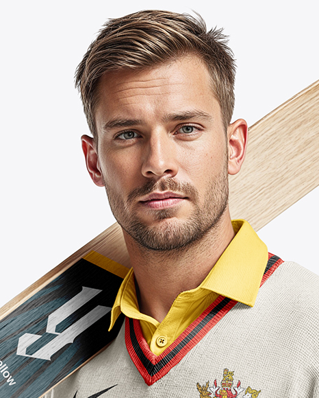 Cricket Player Wearing a Jumper Holding a Bat Mockup