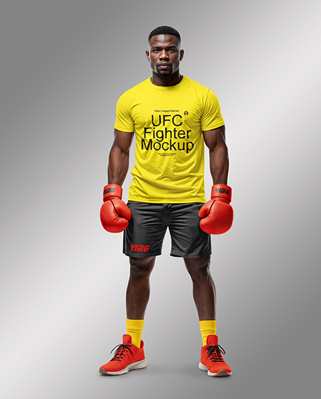 Black Male UFC Fighter Wearing T-Shirt & Shorts Mockup