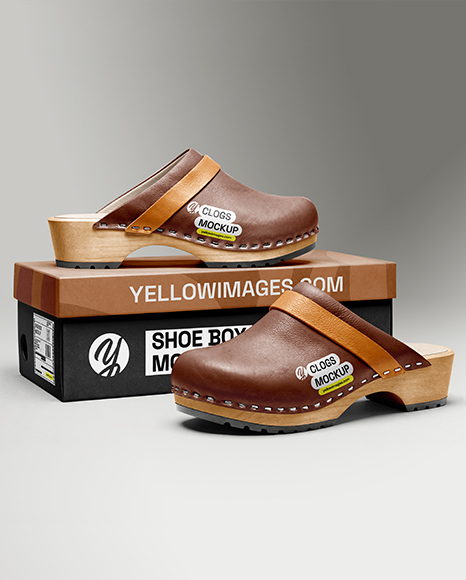 Pair of Clogs with Shoe Box Mockup