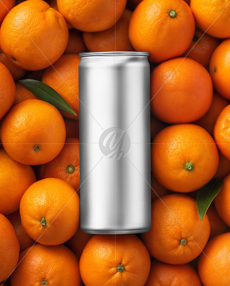 8.5oz Slim Drink Can on a Stack of Oranges Mockup