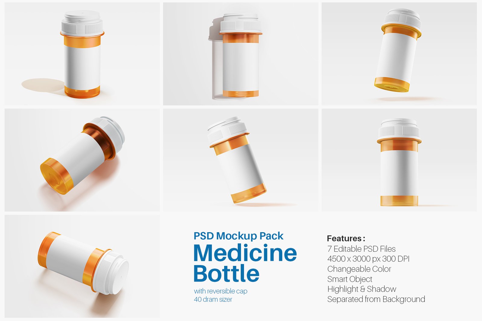 Medicine Transparent Plastic Bottle with Cap Editable PSD Mockup Set