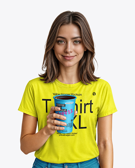 Woman Wearing a T-shirt Holding 16oz Paper Cup Mockup - Shopping