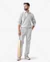 Man Wearing a Full Cricket Kit with Bat Mockup